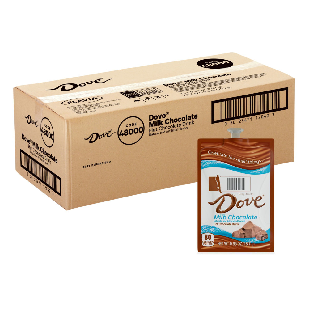 Dove Hot Chocolate Freshpack delivers a premium, silky cocoa experience with precise single-cup portions, ensuring freshness and compatibility with FLAVIA brewers and eco-friendly pouches.  Dove Hot Chocolate Freshpack is a premium cocoa carefully blended to create a silky, smooth and indulgent hot chocolate drink. Indulge  Compatible with FLAVIA single-serve brewers.  Our pack-to-cup brewing process ensures nothing touches the ingredients other than hot water, so your drink does not taste like previous  or single-serve use, Freshpacks stay completely sealed until the moment brewed, eliminating exposure to light, air and germs.  Our commitment to sustainability, innovative pouches are recyclable through Terracycle.