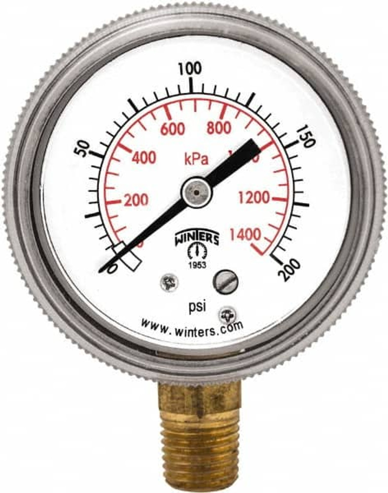 Winters P9S90204 Pressure Gauge: 2" Dial, 1/4" Thread, NPT, Bottom Mount