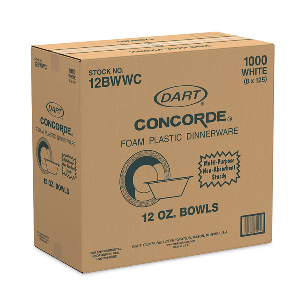 DART 12BWWC Concorde Non-Laminated Foam Bowl, 12 oz, White, 125/Pack, 8 Packs/Carton