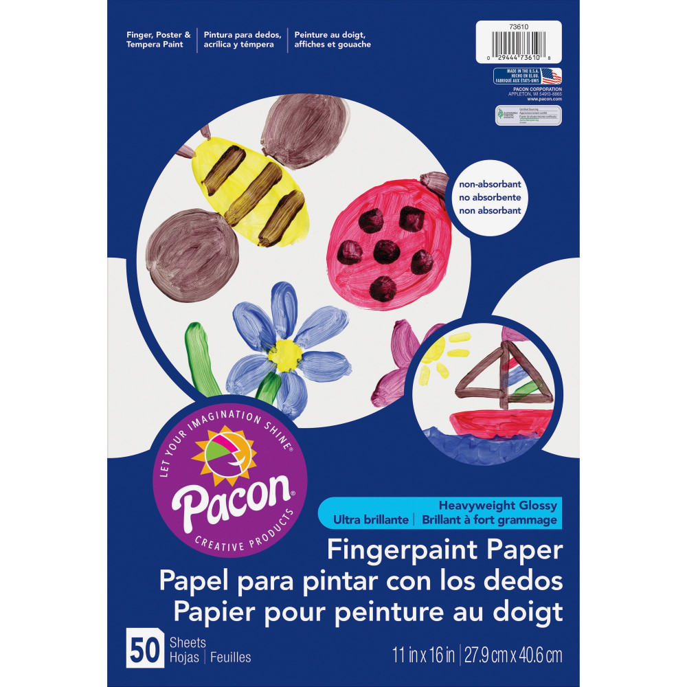 PACON CORPORATION Pacon 73610  Fingerpaint Paper - 50 Sheets - 11in x 16in - White Paper - Non Absorbant, Bleed Resistant, Smear Resistant - 1 / Pack