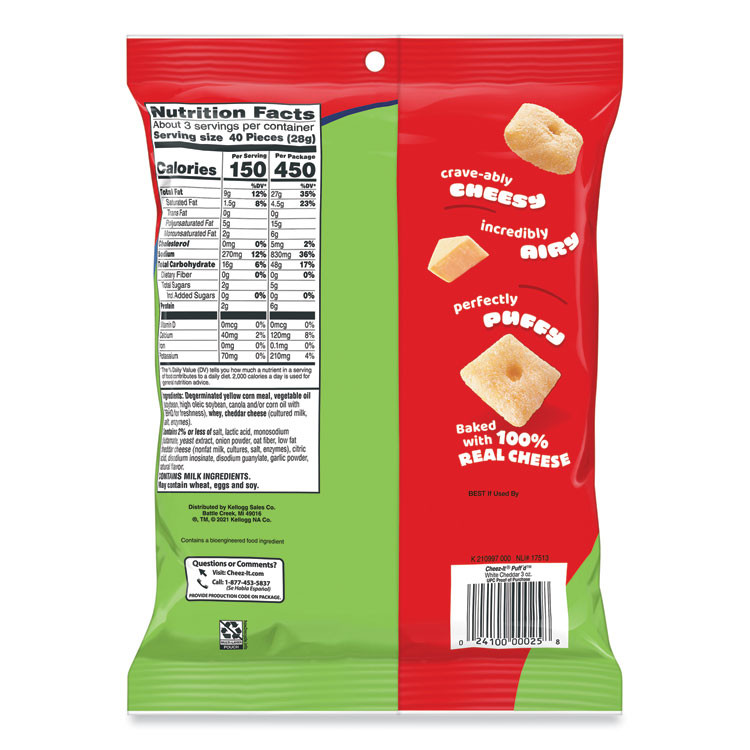 KEEBLER COMPANY Cheez-It® 00024 Puff'd Crackers, White Cheddar, 3 oz Bag, 6/Carton