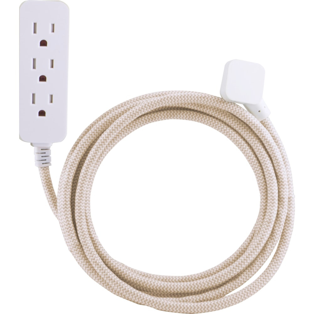 Extend your style into the future with the Cordinate 3-Outlet Extension Cord. While most cords interrupt or distract from your home's decor, this unique designer cable only contributes to the overall charm of your space. The 10ft. woven tan and white chevron fabric cord cover accents your home or work setup. The extra layer of fabric not only increases the cable's durability, but also keeps the cord from being bent and tangled. The thoughtful construction of the extension cord includes a space-saving flat plug, making it convenient to connect your devices where space is limited. For added safety, the tamper resistant outlets help ensure any small items besides the plug will be locked out. Additionally, the extension cord includes built-in surge protection to ensure that your connected equipment stays safe from harmful voltage spikes. For a premium design that offers equal parts fashion and function, choose the Cordinate 3-Outlet Extension Cord.  Surge Protection - This unit features internal surge protection to safeguard your connected equipment from brief spikes in voltage that can be harmful to your devices. A UL listing and hassle-free replacement policy provide peace of mind that your surge protector  Decor - The braided fabric power cord comes in a tan and white chevron pattern that can add a personalized touch to your home decor or office space. The plug and outlets for this unit feature a corresponding white finish to further accentuate the color scheme.  Flat Plug Extension Cord - Keep furniture and media close to the wall with the low-profile flat plug at the end of this power strip. The angled plug allows for this surge protector to be plugged into the receptacle without blocking the other outlet.  Safety - Built-in tamper-resistant technology keeps foreign objects out of the outlets, eliminating potential electrical hazards to you and your family. The 13A/125VAC/1625W maximum electrical rating makes this unit perfect for indoor use.  Helps save energy - designed to limit the energy used by other products, potentially helping you reduce your carbon footprint and save money.