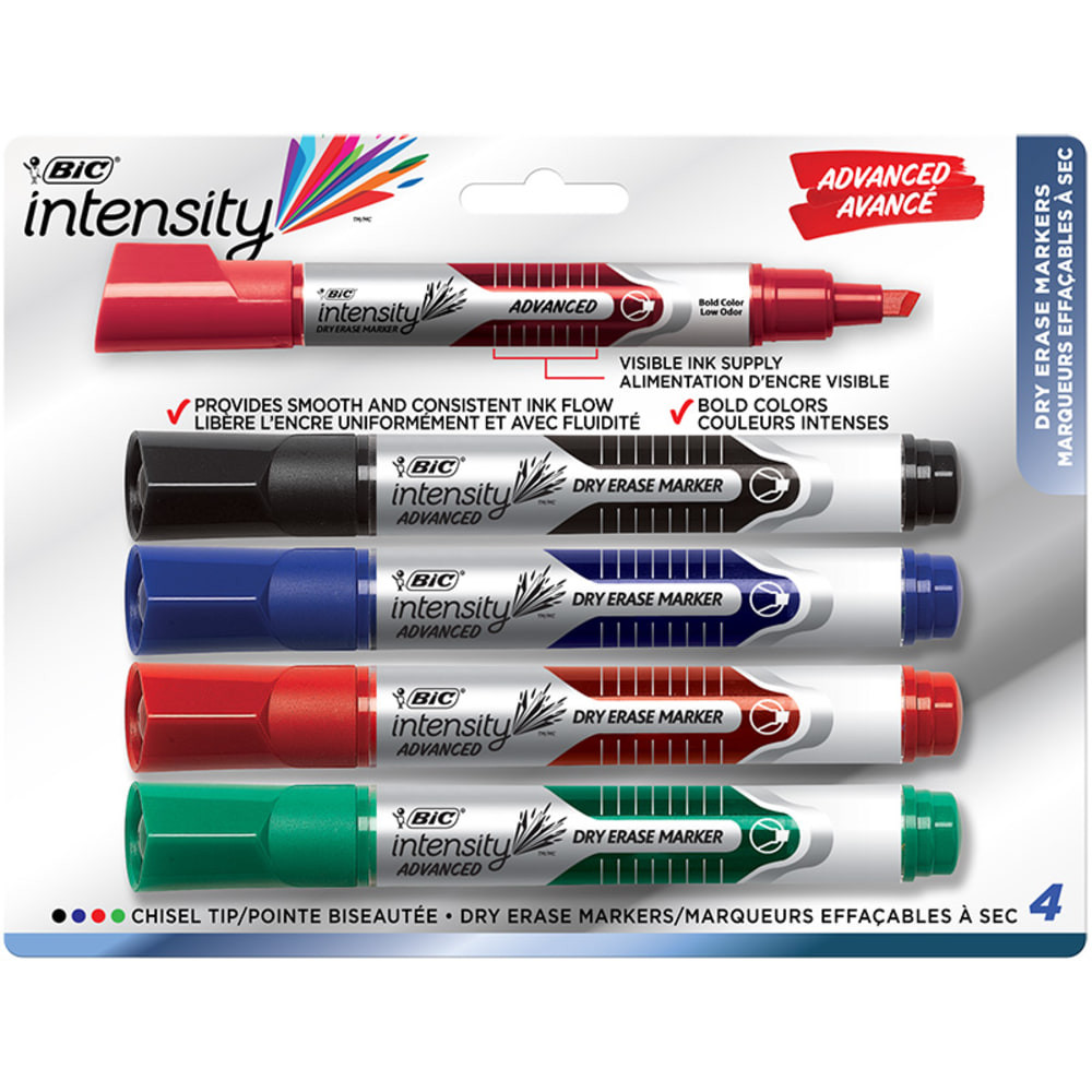 BIC CORP GELITP41AST BIC Intensity Advanced Low Odor Dry-Erase Markers, Chisel Tip, Assorted Colors, Pack Of 4 Markers