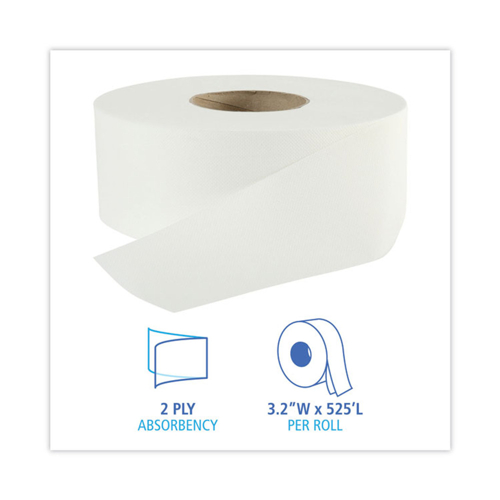 BOARDWALK 410320 Jumbo Roll Bathroom Tissue, Septic Safe, 2-Ply, 3.2" x 525 ft, White, 12 Rolls/Carton