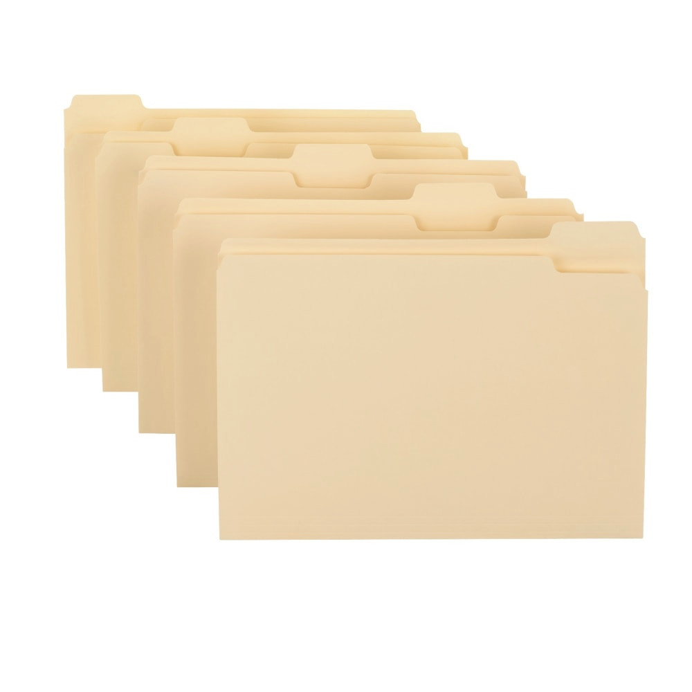 Create an orderly filing system with these Office Depot letter-size file folders. A 1/5-cut tab layout keeps subject labels visible inside file cabinet drawers, and the 3/4-inch scored expansion on each folder lets you organize multiple documents inside. Convenient sizing accommodates letter-size pages, so you can sort memos, reports and other important paperwork. These Office Depot letter-size file folders come in a classic manila color for a professional appearance.  11-pt. single-ply paper construction withstands everyday wear and tear.  1/5-cut top-tap layout provides ample space for custom labels.  3/4in expansion accommodates stacks of paperwork,  Letter-size format accepts a range of standard documents.