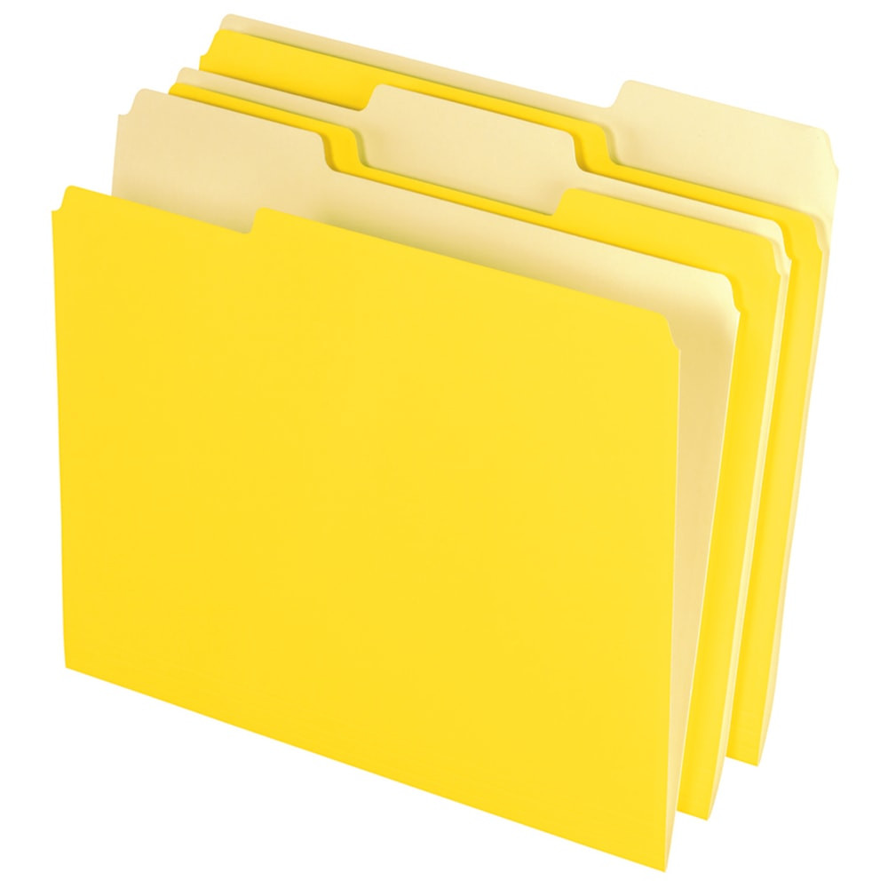 Organize your filing cabinet with these Office Depot letter-size file folders. Ideal for color-coding files and handling large filing tasks, these durable file folders feature 1/3-cut tabs for easy labeling and quick access. Undercut scores on each folder's front offer space for larger labels and titles, making it easy to keep your documents sorted. Featuring 11 pt. construction, these Office Depot letter-size file folders handle frequent use.  Office Depot file folder is made of 11-pt stock for everyday handling.  1/3-cut single-ply tabs in assorted locations for easy filing.  Undercut scores on the front cover provide space for labels or handwritten titles.  Yellow color supports easy color-coding.  100 folders per case.  Greener choice - contains 10% postconsumer recycled content.