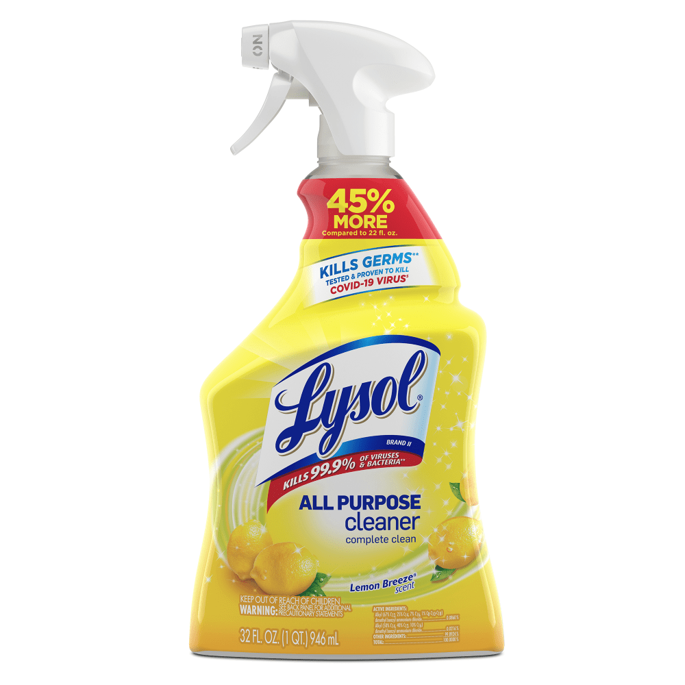 Clean, disinfect, and degrease high-touch surfaces throughout your facilities with the versatile Lysol All Purpose Cleaner. Optimize cleaning staff productivity with a convenient, ready-to-use trigger spray that cuts grease, grime and soap scum. This bathroom and kitchen cleaner kills 99.9% of germs and viruses (including the virus that causes COVID-19) when used as directed on hard, non-porous surfaces.  Kills 99.9% of viruses and bacteria, including cold and flu viruses, Salmonella, E. Coli, MRSA, H1N1, Staph, and Strep, when used as directed on hard, non-porous surfaces.  Proven to kill the virus that causes COVID-19 in 2 minutes when used as directed.  Meet customer and staff disinfecting expectations across a range of industries, including offices, education, retail, and hospitality.  Kills germs on high-touch surfaces, including restroom fixtures, including counters, desks, chairs and appliance exteriors.  Optimize your cleaning practices using the convenient, ergonomic trigger spray bottle to clean and disinfect at the same time.  Brighten up commercial kitchens, restrooms, and more with a deodorizing solution that has a refreshing Lemon Breeze scent.  Antimicrobial is an agent that kills microorganisms or stops their growth.