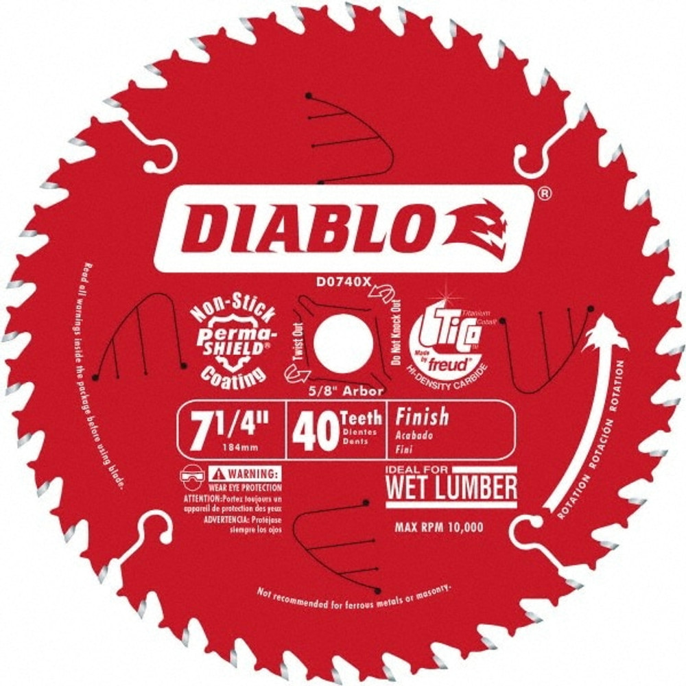 DIABLO D0740X Wet & Dry Cut Saw Blade: 7-1/4" Dia, 5/8" Arbor Hole, 0.059" Kerf Width, 40 Teeth