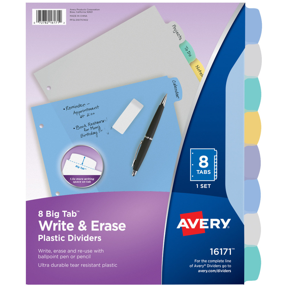 AVERY PRODUCTS CORPORATION 16171 Avery Durable Write-On Plastic Dividers With Erasable Tabs, 8 1/2in x 11in, Multicolor, 8 Tabs