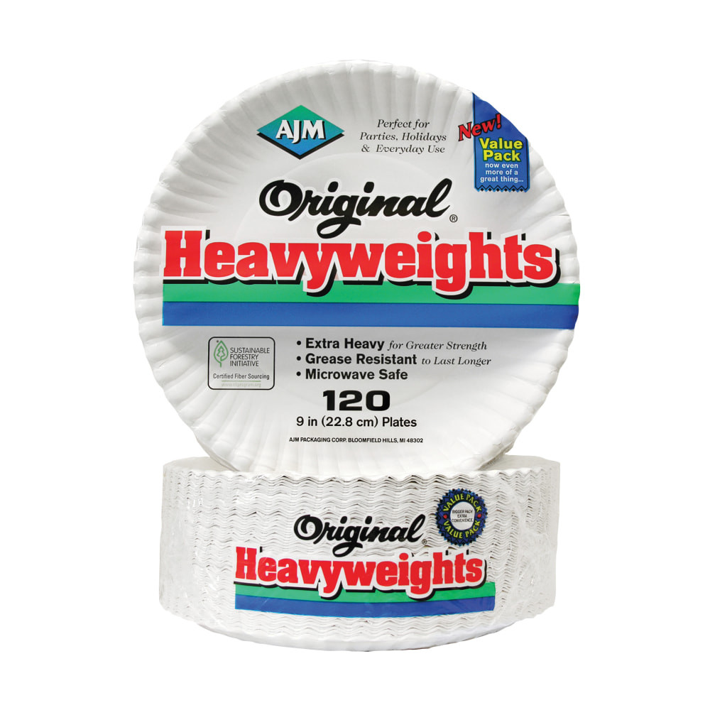 Ideal for parties, company events and the breakroom, AJM Packaging paper plates make cleanup hassle-free. These gold label, coated paper plates feature a grease-resistant, microwave-safe design.  Resists grease.  Microwave safe.  Ribbed edges add strength.  Paper plates in white come with 120 plates per pack.
