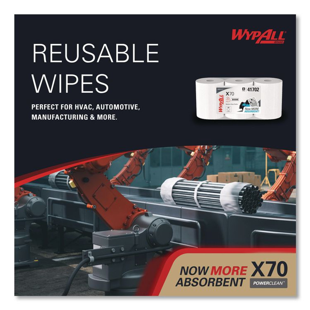 KIMBERLY-CLARK PROFESSIONAL WypAll® 41702 X70 Cloths, Center-Pull, 9.8 x 12.2, White, 275/Roll, 3 Rolls/Carton