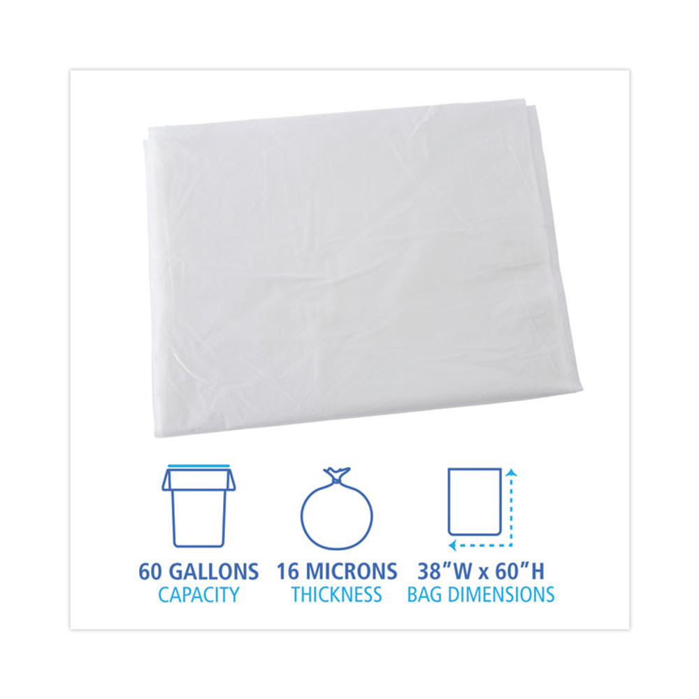 BOARDWALK H3860S High Density Industrial Can Liners Flat Pack, 60 gal, 16 mic, 38" x 60", Natural, Flat Pack, 100/Carton