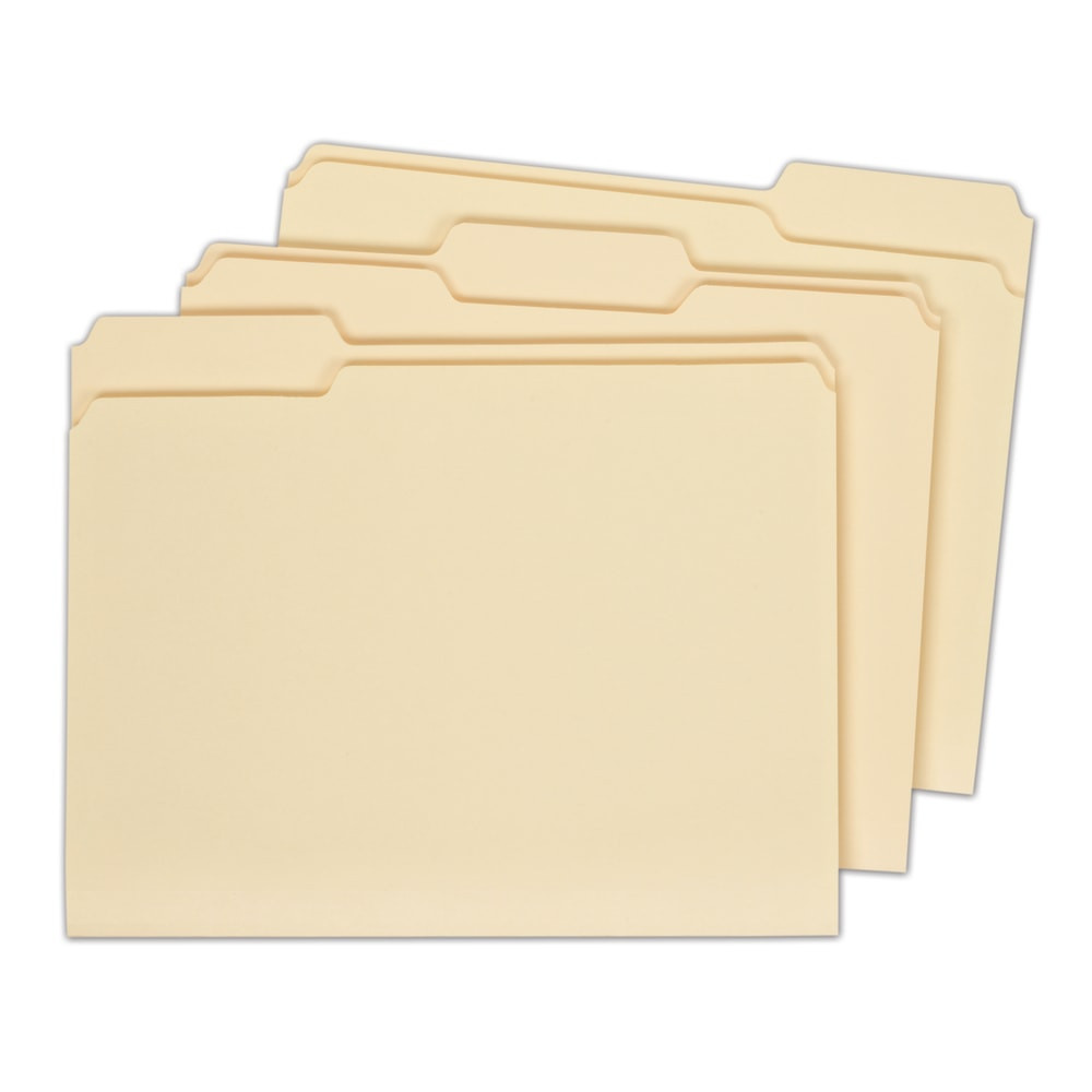 Organize office paperwork or prepare files for customers with these Office Depot letter-size manila file folders. The 10-point stock paper stands up to everyday filing jobs, and each folder is scored for expansion to keep related documents together. Blank tabs provide space for printed or handwritten labels to identify contents. With a generous pack size, these Office Depot letter-size manila file folders keep your office well-stocked for a variety of filing needs.  10-pt. manila paper construction for durability.  Three 1/3-cut assorted-position top tabs provide ample space for labeling.  Scored bottom for easy expansion to hold multiple sheets.  Letter-size file folders hold most reports and correspondence.  Pack of 100 manila file folders.  Contains Recycled Content - See Specs for Details.