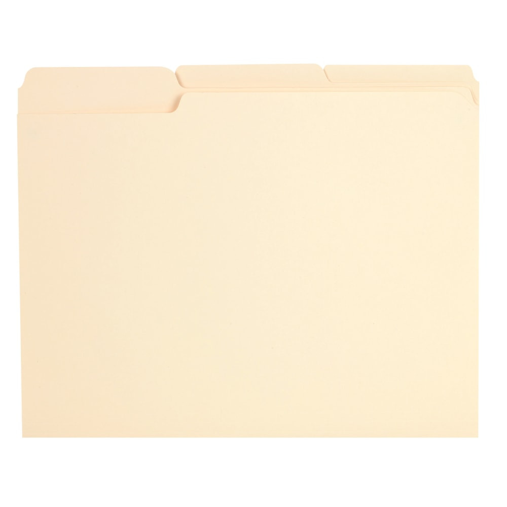 Take on office organization tasks with these Office Depot reinforced manila file folders. Sturdy reinforced top tabs can withstand frequent handling and reuse and offer ample space for printed and handwritten labels, letting you reuse them for multiple projects. Letter-size dimensions support standard documents for efficient archiving. With scored expansions and rounded corners, these Office Depot reinforced manila file folders provide generous space for multipage documents.  11-pt. stock construction supports daily use.  1/3-cut undercut tabs provide space for labels.  Scored expansions and rounded corners for large documents.  8.5in x 11in dimensions for letter-size filing.  Pack of 100 folders.  Eco-conscious choice - has one or more meaningful eco-attributes or eco-labels.  Greener choice - contains 10% postconsumer recycled content.