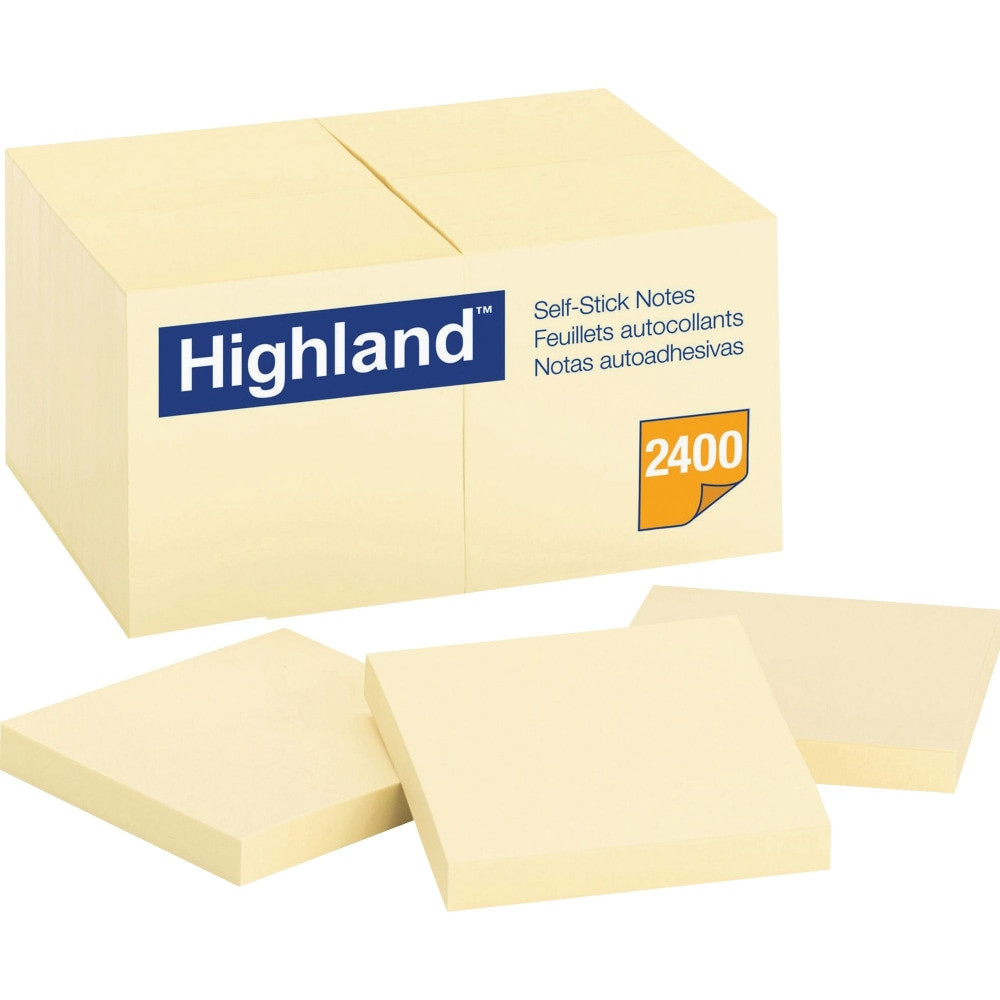 Stock up your office cupboards with this 24-pack of Highland self-sticking notepads. The removable adhesive lets you stick notes to documents or walls without fear of adhesive damage, while 100 sheets per pad offer ample supply for jotting down important daily tasks. Featuring unruled pages, these Highland self-sticking notepads let you communicate with words or sketches for a unique note every time.  Ideal for writing down temporary messages and notes.  Removable adhesive prevents damage to surfaces.  24 pads of 100 sheets per pad let you stock up.  Unruled sheets allow for creative notes and sketches.  3in x 3in note size is approximate