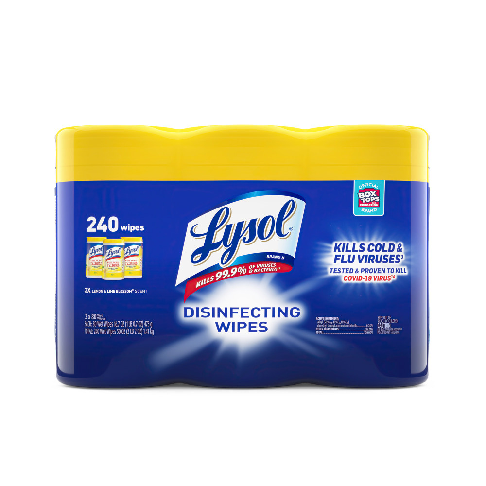 RECKITT BENCKISER 19200-84251 Lysol Disinfecting Wipes, Lemon & Lime Blossom Scent, 7in x 8in, 80 Wipes Per Canister, Case Of 3 Canisters