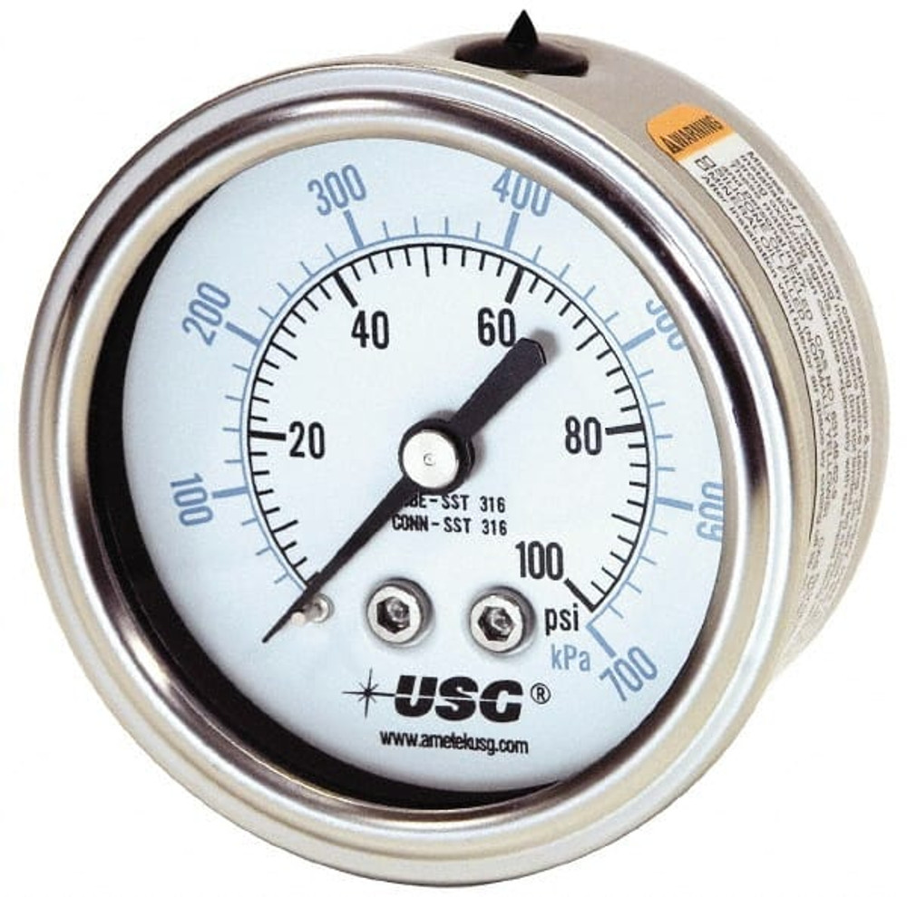 Ametek 166665 Pressure Gauge: 1-1/2" Dial, 0 to 60 psi, 1/8" Thread, NPT, Center Back Mount