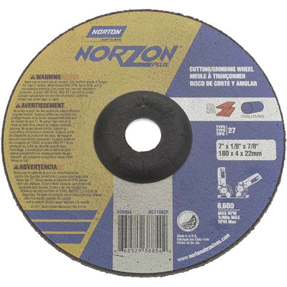 Norton 66252938854 Depressed Center Wheel: Type 27, 7" Dia, Ceramic