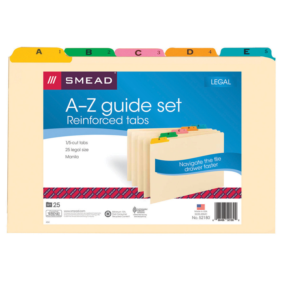 SMEAD MFG CO S225-25MC Smead Legal-Size Manila File Guides, Alphabetical, Assorted Color Tabs, Pack Of 25