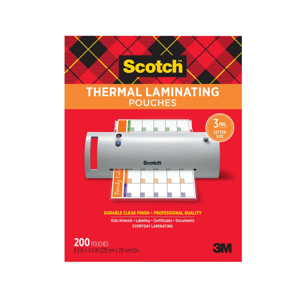 Scotch Thermal Laminating Pouches protect documents that you use frequently. The ultra-clear design lets important information show through to remain efficient.  Safe for use with most household cleaners*  8.9 in  x 11.4 in, Letter Size 100 per package  DESIGN - Protects and adds professionalism to business documents.  PHOTO-SAFE PROTECTION - Designed to protect items like paperwork, photos and contracts from damage.  RESISTS DAMAGE - Ideal for marker-proof, tear-proof and spill-proof paper items to last.  Great for childrens artwork, signs, flyers, schedules, certificates, and other frequently used documents in the home, office or classroom  CLEAR FINISH - Ultra-clear to let important information show through.  Recommended to use with Scotch Thermal Laminators  *Do not sanitize pouches before the lamination. Test a small amount in a corner before use, especially on important documents. Do not use acetone.  200 pouches per pack.  Remote learning from anywhere is easier with the right essentials.