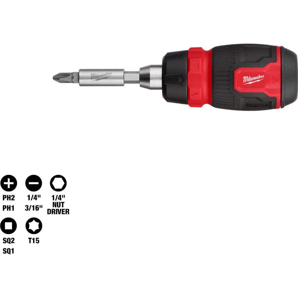 Milwaukee Tool 48-22-2913 Bit Screwdrivers; Type: Multi-Bit Ratcheting Screwdriver; Compact ; Tip Type: Multi ; Drive Size (TXT): 1/4 ; Torx Size: T15 ; Phillips Point Size: Phillips:#1 & #2 ; Slotted Point Size: 1/4; 3/16