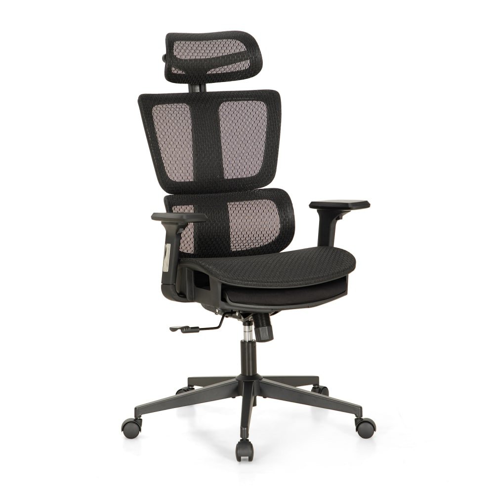 Have a seat in this ergonomic office chair and stay comfortable while being productive. The adjustable office chair helps you find the right position for your frame. The mesh back offers breathability, while the ergonomic details help cushion your body.  Overall Dimensions: 51-1/4inH x 20-1/2inW x 20-1/2inD.  Ergonomic design allows for comfort throughout the day.  Recommended for performance use 6-8 hours per day.  Weight capacity tested to support 300 lb.  Movable lumbar support.  Ergonomically curved seat offers a thick cushion covered in fabric. High-back design with mesh upholstery.  Adjustable backrest.  Reclines up to 130 deg..  Curved armrests.  Plastic frame with casters.  Retractable footrest.  Executive office chair swivels 360 deg..  Assembly required.  Backed by the manufacturers 1-year limited warranty.
