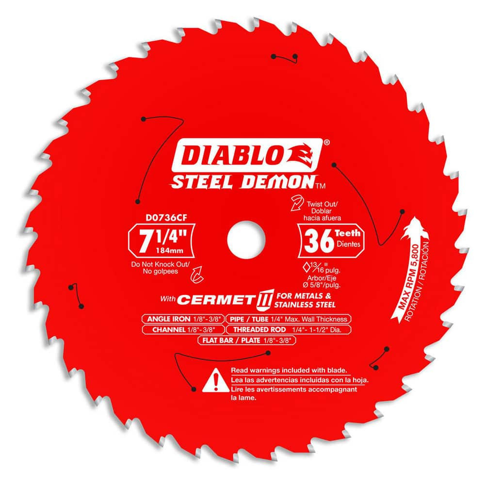 DIABLO D0736CF Wet & Dry-Cut Saw Blades; Blade Diameter (Inch): 7-1/4 ; Blade Material: Carbide-Tipped ; Blade Thickness (Decimal Inch): 0.0750 ; Arbor Hole Diameter (Inch): 5/8 ; Number of Teeth: 36