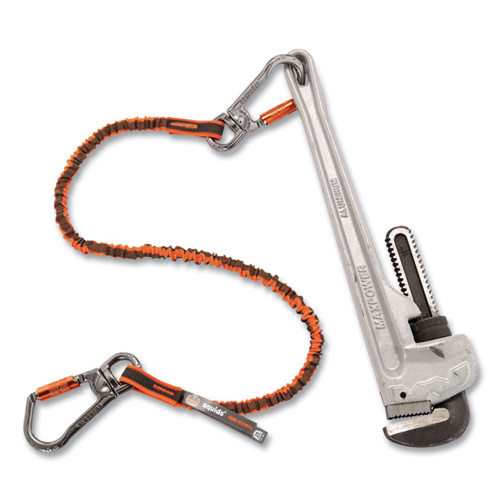 TENACIOUS HOLDINGS, INC. ergodyne® 19829 Squids 3119F(x) Tool Lanyard with Swiveling Aluminum Carabiners, 25 lb Max Working Capacity, 38" to 48" Long, Orange/Gray
