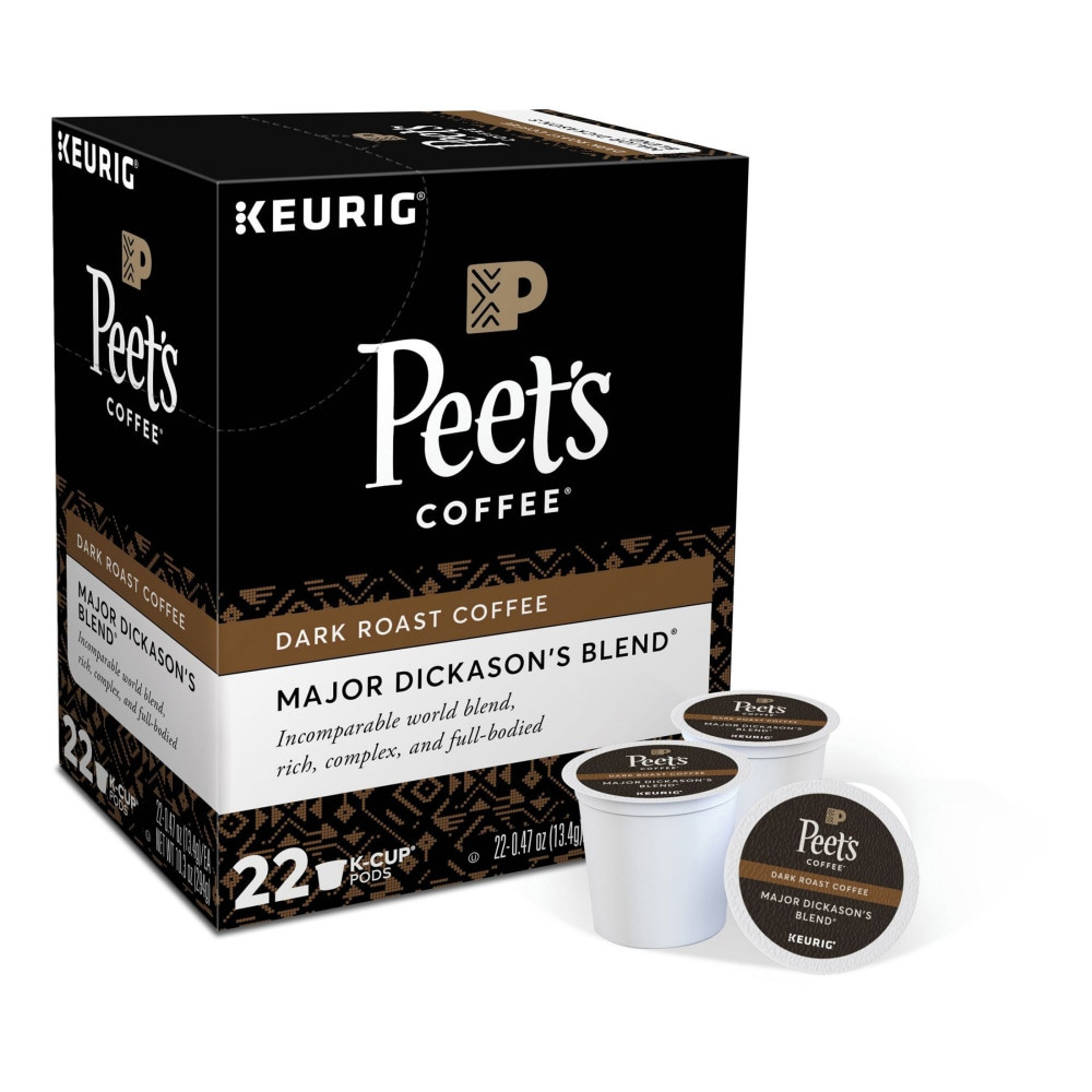 Smooth and balanced, Peets Coffee Major Dickasons blend coffee affords a multi-layered taste. When brewed, it provides a cup brimming with richness and complexity.  Major Dickasons blend is Peets Coffees all-time best seller.  Major Dickasons blend coffee cups combine coffee from the worlds premier growing regions. Each coffee imparts its distinctive regional characteristics.  The flavor is rich, smooth and complex with a very full body.  Includes a box of 22 Major Dickasons blend coffee K-Cup pods.  Peets Coffee is not affiliated with Keurig or K-Cup. K-Cup is a registered trademark of Keurig Incorporated.