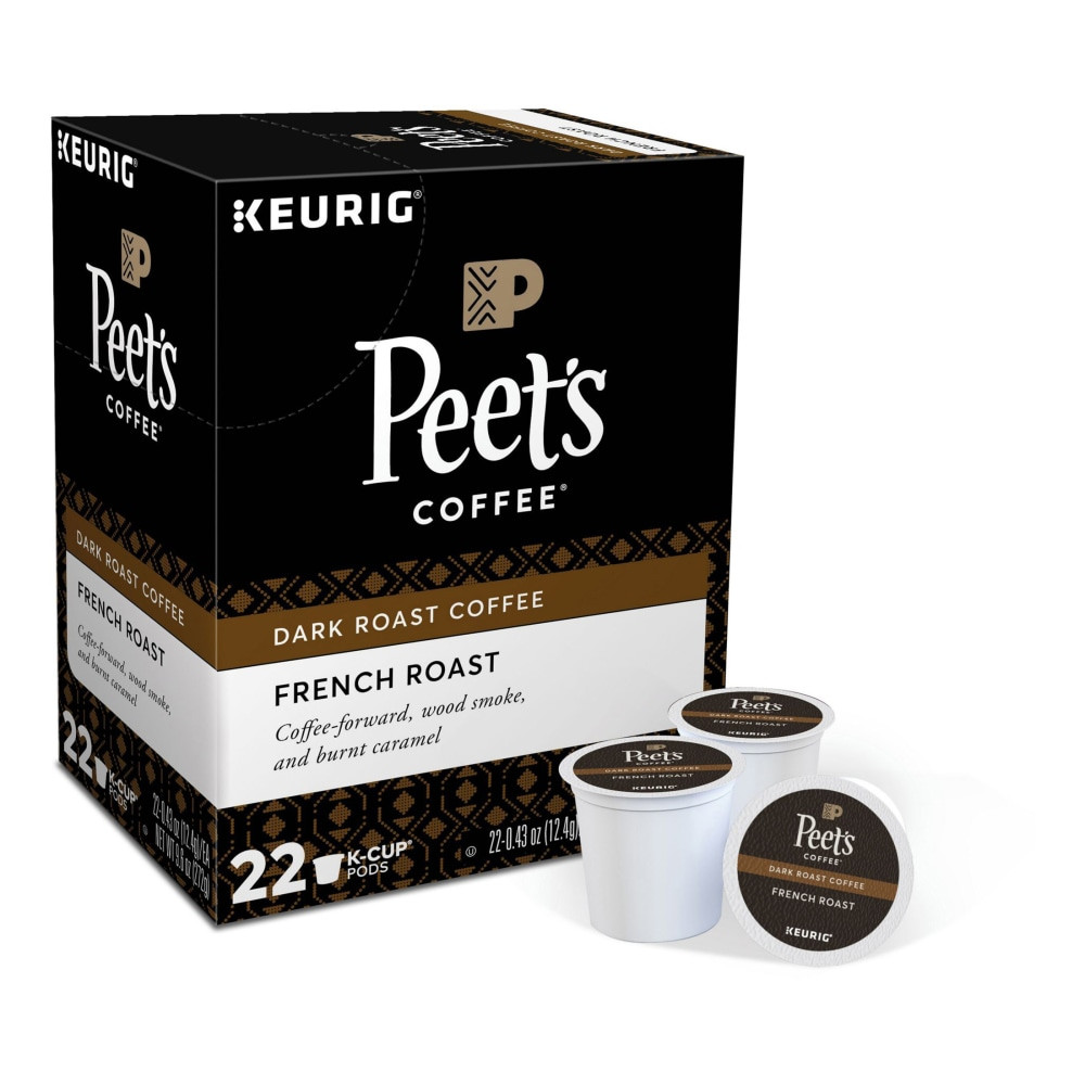 Bring the cafe magic of Peets Coffee to your kitchen. Whether you need an afternoon pick-me-up or an early-morning wake-up call, this deep, rich French roast coffee is sure to delight.  Peets Coffee K-Cup Pods feature pronounced smoky overtones with a pleasant bite.  An intensely bold and flavorful dark roast coffee.  Includes a pack of 22 French roast coffee cups.  Peets Coffee is not affiliated with Keurig or K-Cup. K-Cup is a registered trademark of Keurig Incorporated.