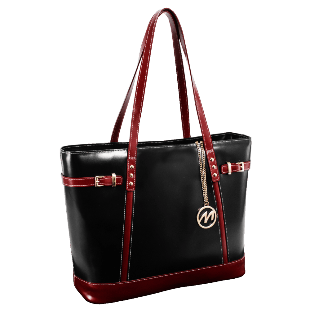 Serafina is a sophisticated and professional woman. This tote comes equipped with exterior zipper pockets, and sufficient space for all types of items. The spacious interior, lined with a stylish print, is equipped with two zippered pockets perfect for storing a tablet and other accessories. The leather handles, leather inlay, and decorative side strap makes for a rich look and feel when coupled with the gold Mcklein key chain  Tote features elegant Gold Key Chain.  Easy Access Exterior back pocket.  One pocket perfect for tablets.  Secure zipper pocket.  Two Leather reinforced accessory slip pockets.