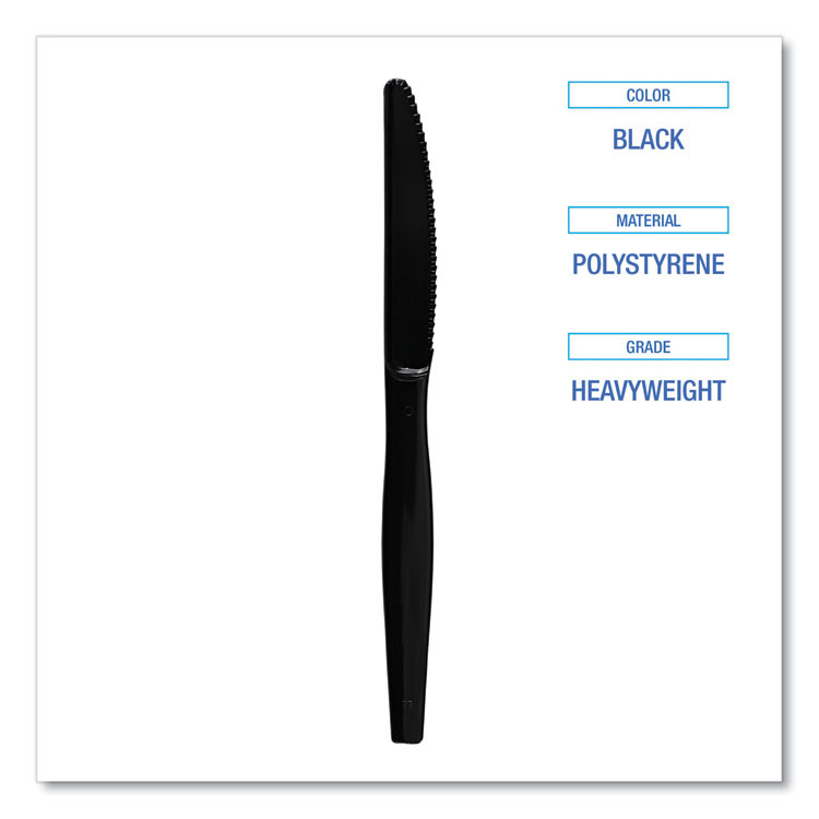 BOARDWALK KNIFEHWBLA Heavyweight Polystyrene Cutlery, Knife, Plastic, Black, 1,000/Carton