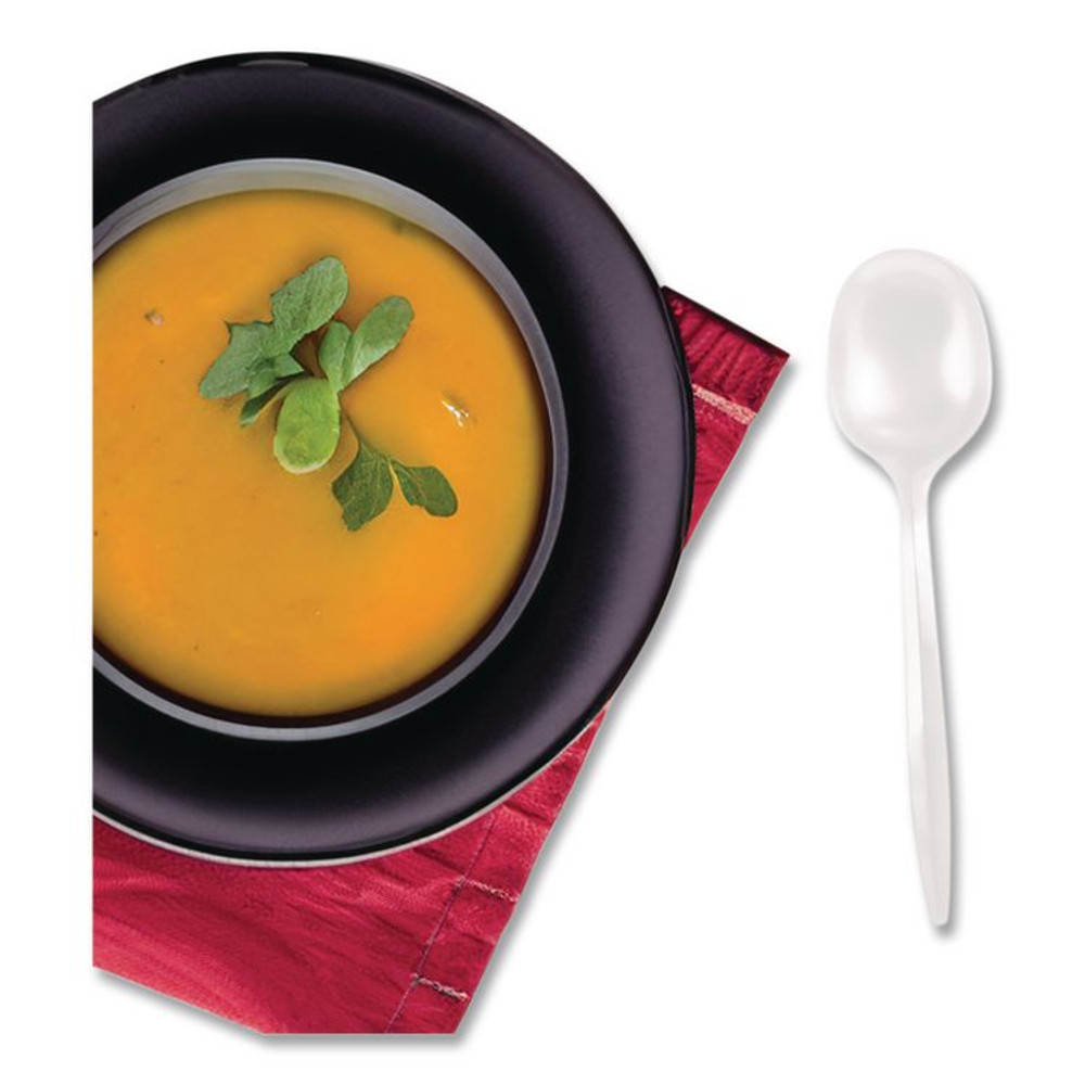BERK ENTERPRISES INC Berkley Square 1014000 Mediumweight Polypropylene Cutlery, Soup Spoon, Plastic, White, 1,000/Carton