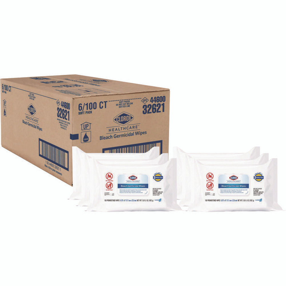 CLOROX SALES CO. Healthcare® 32621 Bleach Germicidal Wipes, 1-Ply, 6.75 x 9, Unscented, White, 100 Wipes/Flat Pack, 6 Packs/Carton