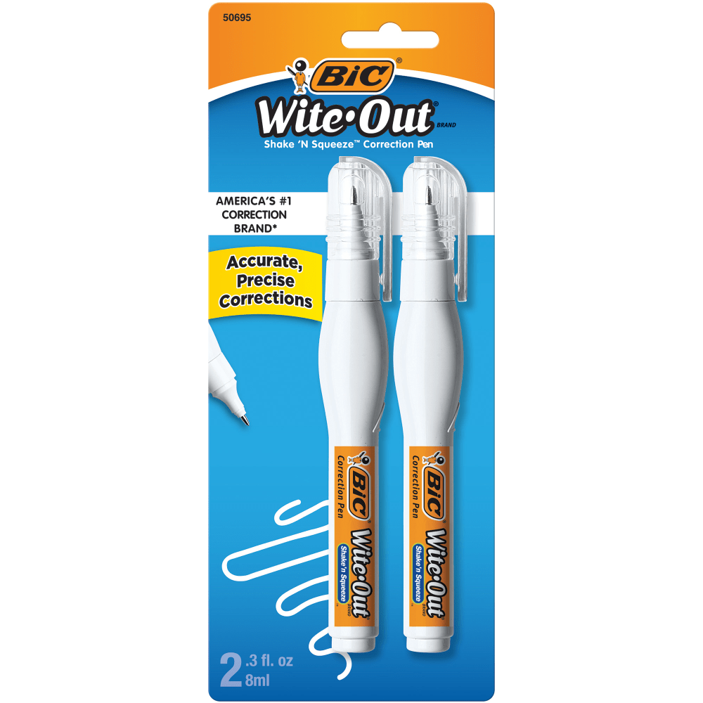 BIC CORP WOSQPP21-WHI BIC Wite-Out Shake N Squeeze Correction Pen, 8 ml, White, Pack Of 2