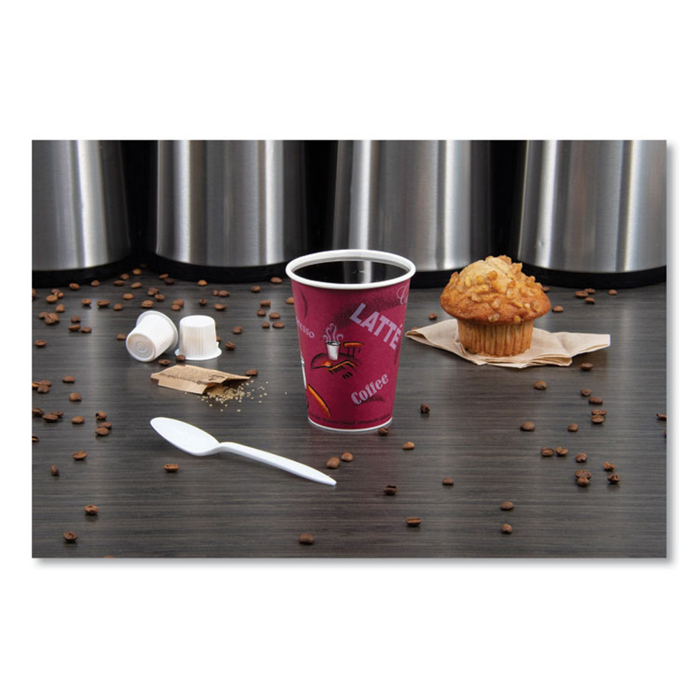 DART SOLO® 412SIN Paper Hot Drink Cups in Bistro Design, 12 oz, Maroon, 50/Bag, 20 Bags/Carton