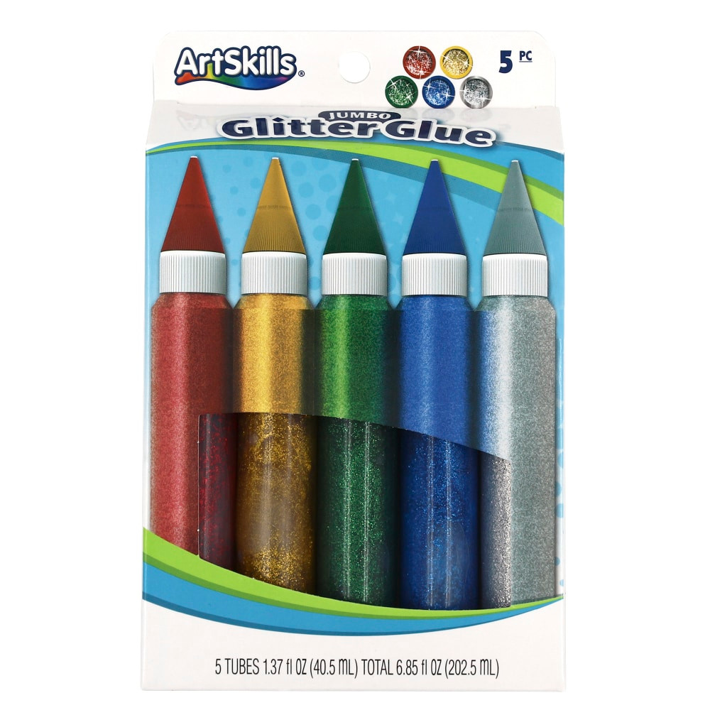 Make your arts and crafts projects sparkle with this brilliant ArtSkills Jumbo Glitter Glue! The bold, eye-catching Rainbow Colors are easy to apply and provide instant shine. From posters to greeting cards, a splash of glitter is sure to draw attention and amp up the fun!  Pack of 5 Jumbo Glitter Glue Tubes, 1.37 fl. oz. each  5 Classic Colors include Red, Gold, Green, Blue and Silver.  Precision Tips and Resealable Caps keep your project neat and prevent contents from drying.  Quick-Drying Glue is compatible with most surfaces.  Add a dimensional, puffy look to your crafts.  Use Glitter Glue for Slime, Kids Arts and Crafts, School Projects, Posters, Party Decor and more.