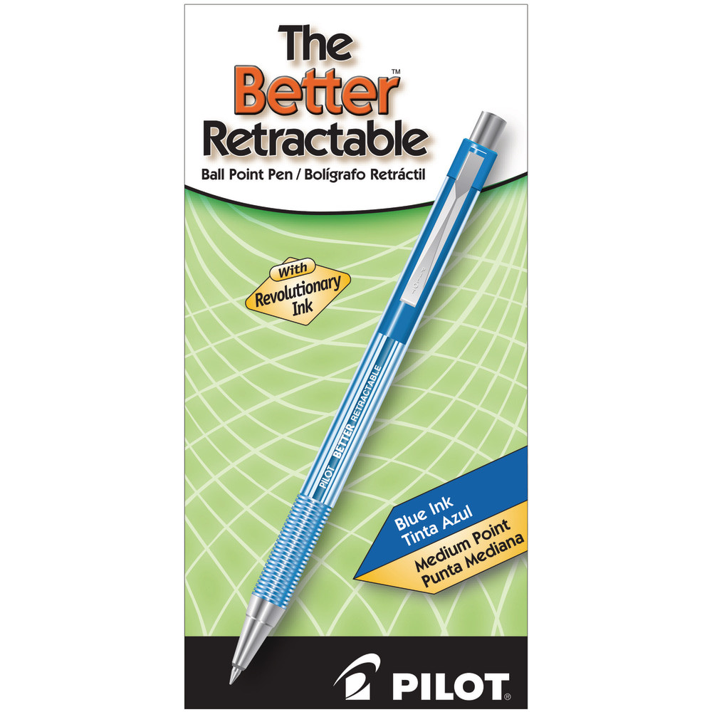Make Pilot Better pens your go-to writing instrument at home or the office. These Pilot pens are made with durable points and offer a ribbed grip that lets you write comfortably for hours.  Stainless-steel points create crisp, clear lines.  Ribbed grip is easy on your fingers.  Retractable for 1-handed convenience - no caps to lose.  Refillable for continued use.  Includes 12 med-point pens with blue ink.  Refillable - designed to be used repeatedly, helping you avoid single-use disposables and potentially save money.