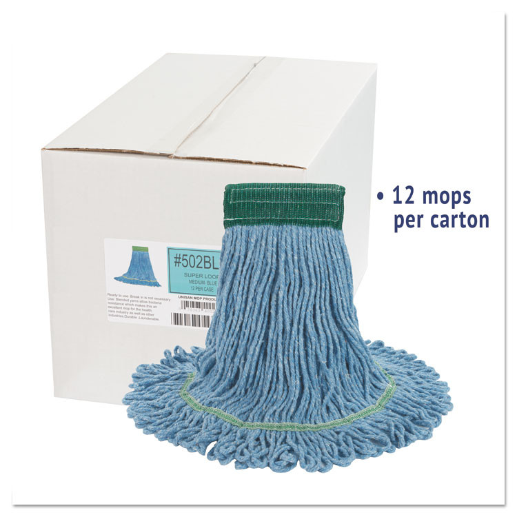 BOARDWALK 502BLCT Super Loop Wet Mop Head, Cotton/Synthetic Fiber, 5" Headband, Medium Size, Blue, 12/Carton