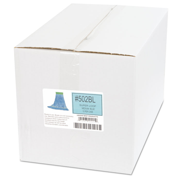 BOARDWALK 502BLCT Super Loop Wet Mop Head, Cotton/Synthetic Fiber, 5" Headband, Medium Size, Blue, 12/Carton