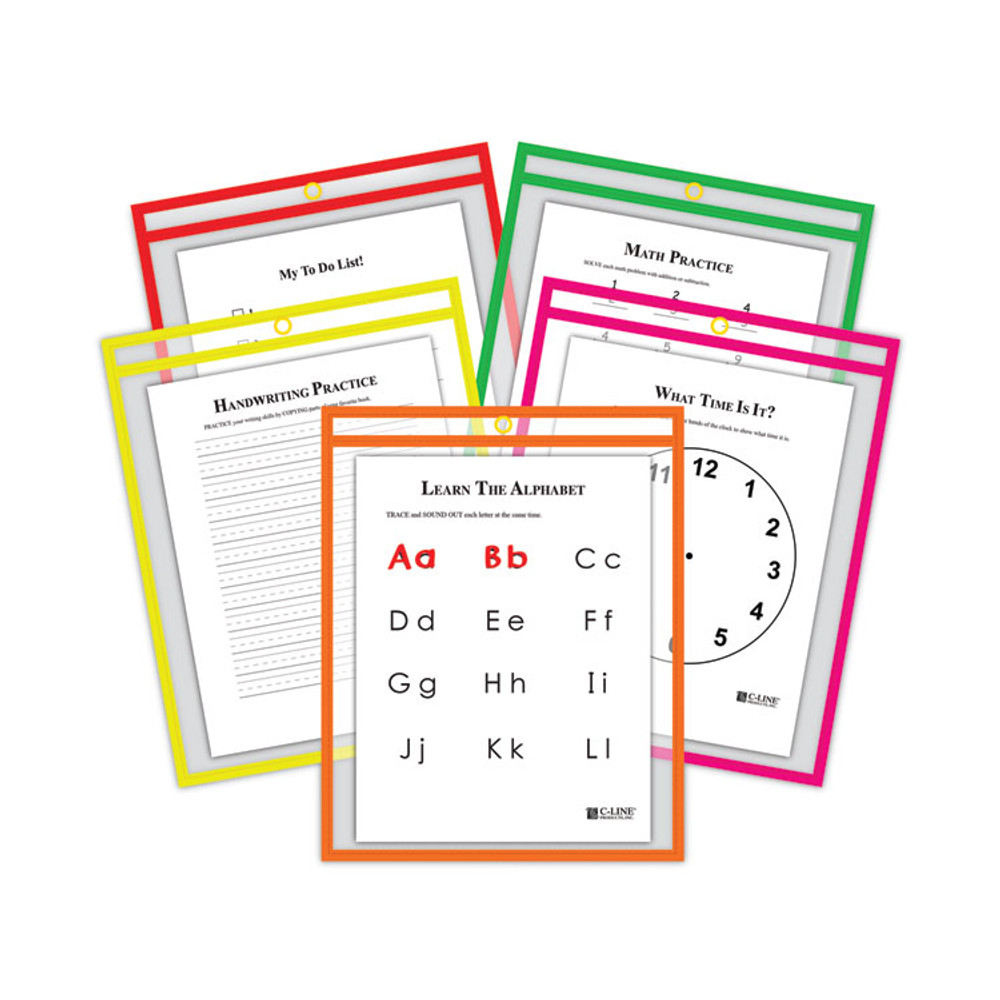 C-LINE PRODUCTS, INC 40820 Reusable Dry Erase Pockets, Super Heavy-Duty, Top Load 9 x 12 Insert, Clear Front, Assorted Neon Border, 25/Box