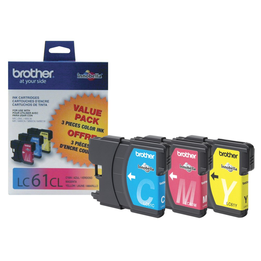 BROTHER INTL CORP Brother LC613PKS  LC61 Cyan, Magenta, Yellow Ink Cartridges, Pack Of 3, LC61CMY