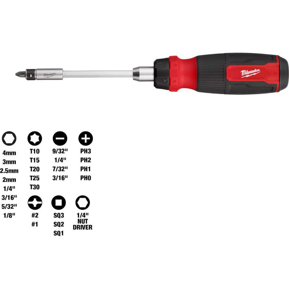 Milwaukee Tool 48-22-2904 Bit Screwdrivers; Type: Multi-Bit Ratcheting Screwdriver ; Tip Type: Multi ; Drive Size (TXT): 1/4 ; Torx Size: T10, T15, T20, T25, T30 ; Phillips Point Size: Phillips:#0, #1, #2 & #3 ; Slotted Point Size: 1/4; 3/16; 7/32; 9