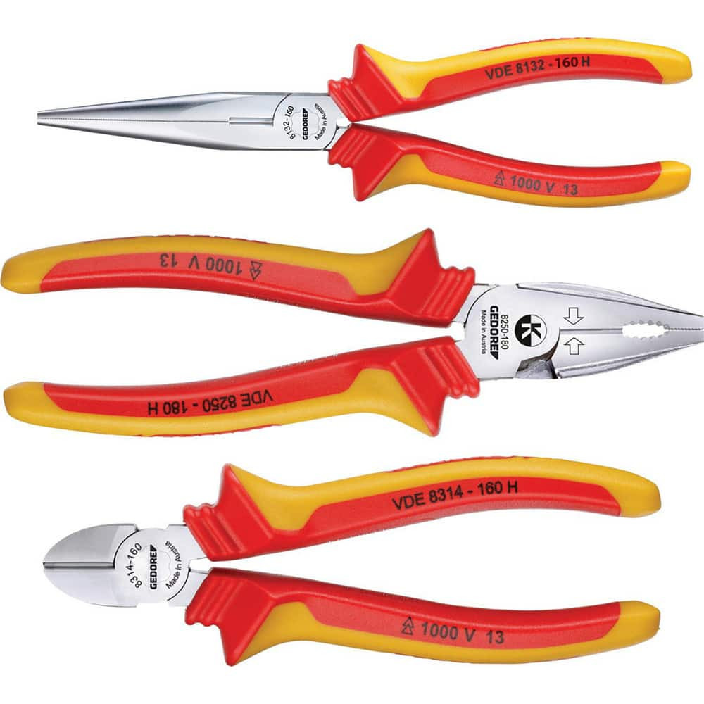 Gedore 1550594 Plier Sets; Plier Type Included: VDE Combination, VDE Long Nose, VDE Side Cutter ; Overall Length: 160 mm; 180 mm ; Includes: VDE 8132-160 H; VDE 8250-180 H; VDE 8314-160 H PlierS ; Insulated: Yes ; Number Of Pieces: 3