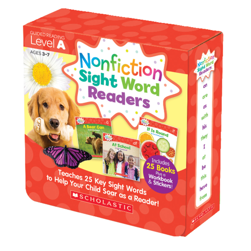 Continue learning fun at home with these guided reading books. Each full-color, 8-page book is filled with key sight words from the Fry list, which help build fundamental reading skills in young children.  Parents can work with children to help them learn key sight words from the Fry list.  25 full-color, 8-page books build fundamental reading skills for young students.  32-page activity book adds to the educational fun.  For students in kindergarten through first grade.  Comes with stickers and a sturdy storage box.