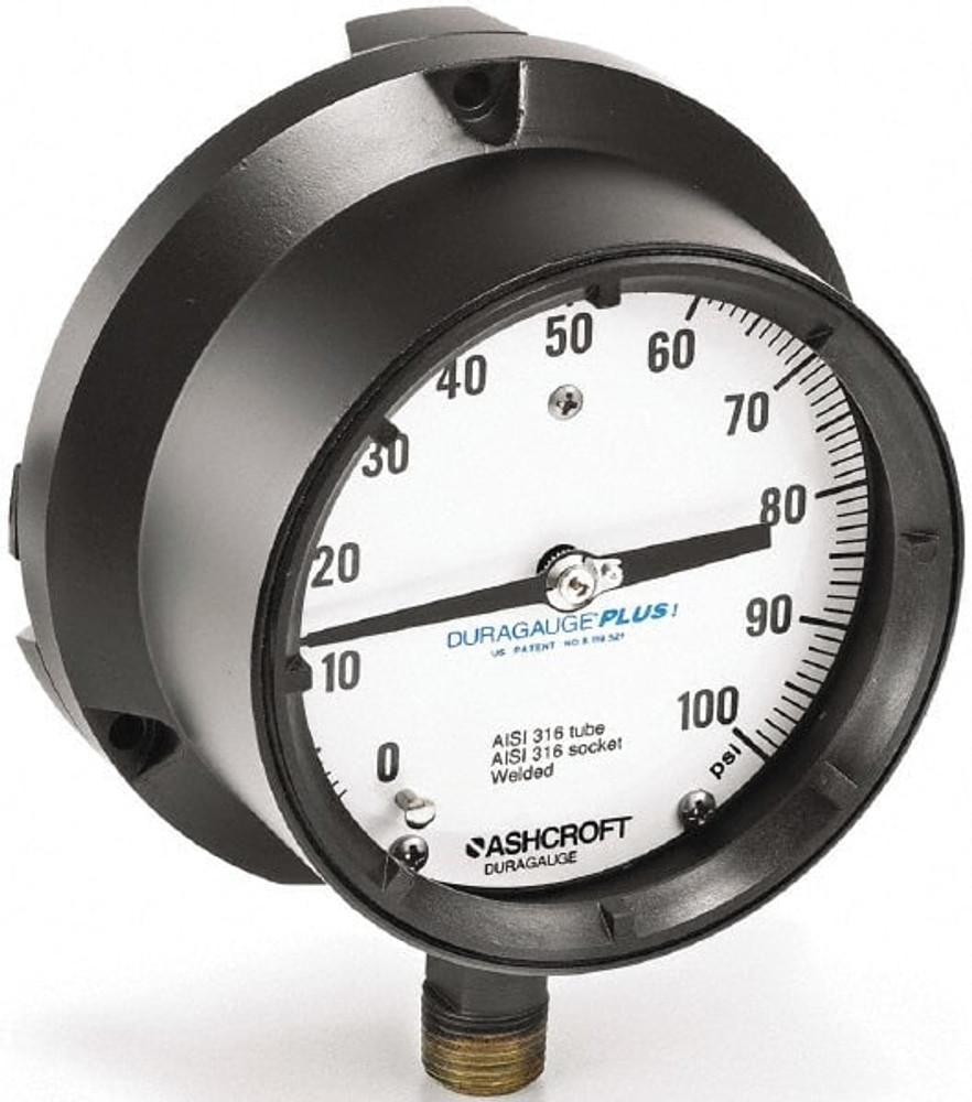 Ashcroft 91480XLL Pressure Gauge: 4-1/2" Dial, 1/2" Thread, Rear Flange Mount