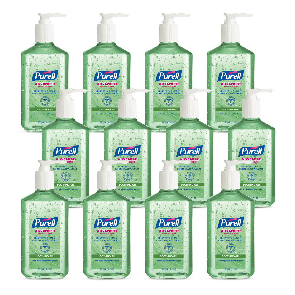 With triple-action moisturizers, Purell Advanced Hand Sanitizer Soothing Gel containing Aloe and Vitamin E is perfect for frequent use. Hands feel soft, even after many uses. The mild formulation is free of triclosan, parabens, phthalates, and preservatives, so it does not dry out or irritate skin.  Show you care about the well-being of your team and visitors with PURELL Advanced Hand Sanitizer Soothing Gel for the workplace with aloe and Vitamin E  Place PURELL hand sanitizer at desks, in common areas, and in restrooms  Perfect for frequent use. The mild formula with aloe and vitamin E is free of parabens, phthalates, preservatives; so it will not dry out or irritate skin. Hands feel soft, even after many uses  Place an 12 fl oz PURELL bottle on each employee's desk, in reception areas and in conference and break rooms  Case Includes:?12 - PURELL Advanced Hand Sanitizer Soothing Gel for Workplaces - 12 fl oz pump bottles  Cradle to Cradle Gold certified - reduced environmental impact from an overall lifecycle standpoint. Ranked in five tiers: Basic, Bronze, Silver, Gold, and Platinum.  Less harsh chemicals - made with fewer harsh chemicals, or safer chemicals than typical alternatives, helping  reduce your use of and exposure to substances that may be more harmful to your health and the environment.