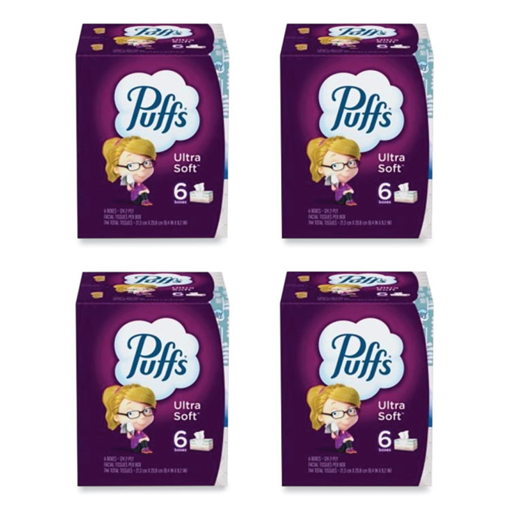 PROCTER & GAMBLE Puffs® 35554 Ultra Soft Facial Tissue, 2-Ply, White, 124 Sheets/Box, 6 Boxes/Pack, 4 Packs/Carton