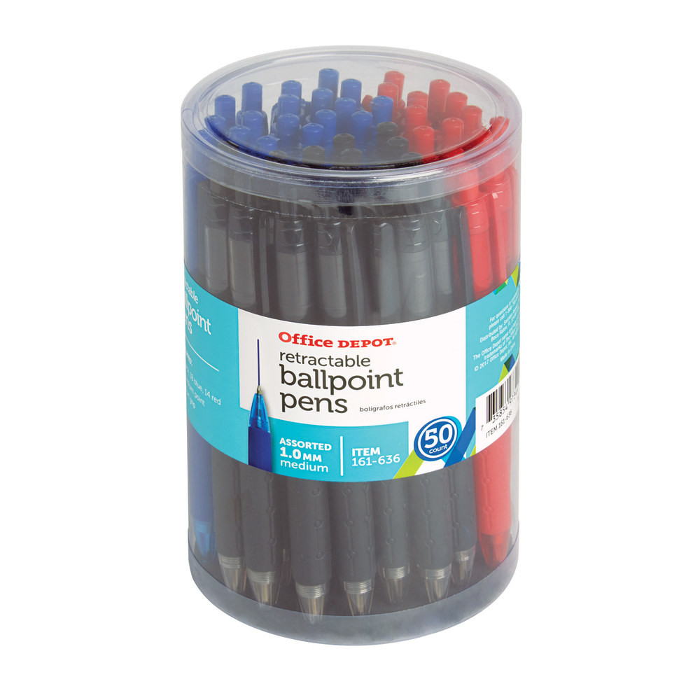 OFFICE DEPOT AH190  Brand Retractable Ballpoint Pens With Grips, Medium Point, 1.0 mm, Black/Blue/Red Barrels, Black/Blue/Red Inks, Pack Of 50 Pens