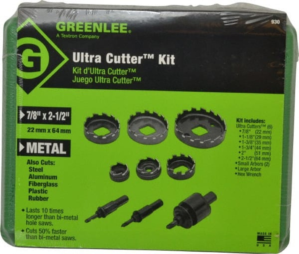 Greenlee 930 Electrician's Hole Saw Kit: 9 Pc, 7/8 to 2-1/2" Dia